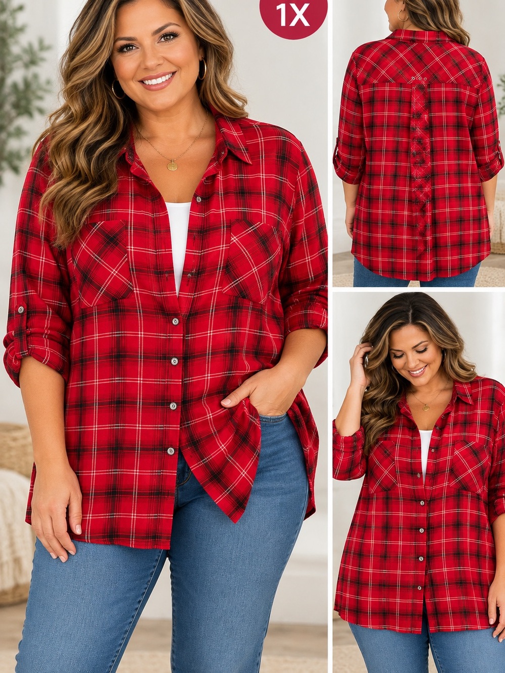 Westbound Woman Red Black Plaid Tunic Top 1X NWT Roll Tab Sleeves Pockets